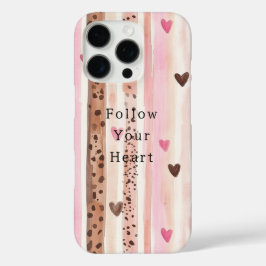 ピンクブラウンヒョウ印刷ハートストライプ iPhone 16 PROケース