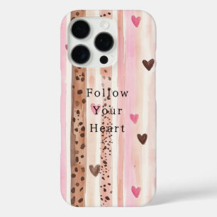 ピンクブラウンヒョウ印刷ハートストライプ iPhone 16 PROケース