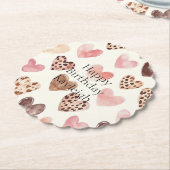 ピンクブラウンヒョウ印刷ハート誕生日 ペーパーコースター (アングル)