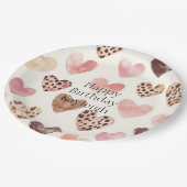 ピンクブラウンヒョウ印刷ハート誕生日 ペーパープレート (アングル)