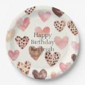 ピンクブラウンヒョウ印刷ハート誕生日 ペーパープレート (正面)
