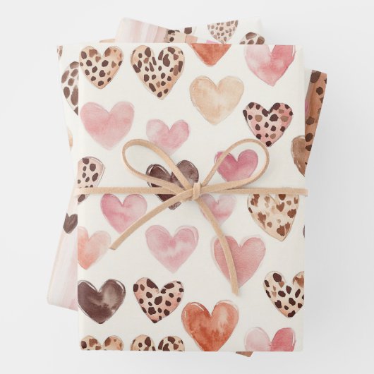 ピンクブラウンヒョウ印刷ハート誕生日 ラッピングペーパーシート (インサイチュ)
