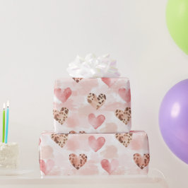 ピンクブラウンヒョウ印刷ハート誕生日 ラッピングペーパー