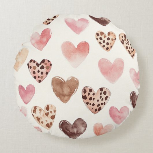 ピンクブラウンヒョウ印刷ハート ラウンドクッション (正面)