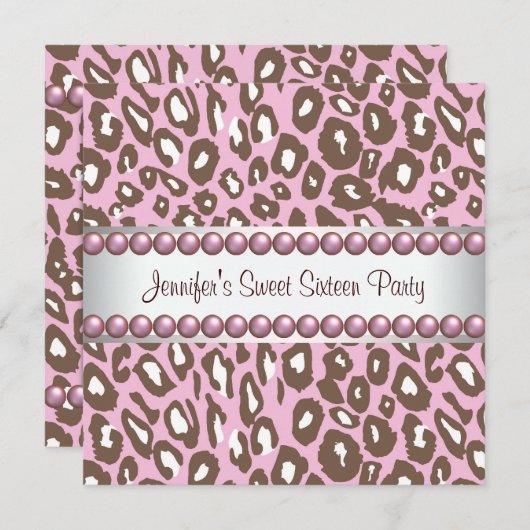 ピンクブラウンヒョウ甘い16パーティー 招待状 (正面/裏面)