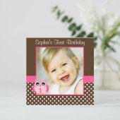 ピンクブラウンフクロウ水玉模様1stバースデーガールフォト 招待状 (スタンド正面)