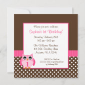 ピンクブラウンフクロウ水玉模様1stバースデーガールフォト 招待状 (裏面)