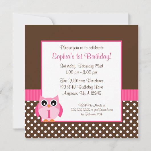ピンクブラウンフクロウ水玉模様1stバースデーガールフォト 招待状 (裏面)