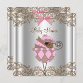 ピンクブラウンレースアフリカンアメリカン赤ちゃんガールシャワー 招待状 (正面/裏面)