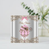 ピンクブラウンレースアフリカンアメリカン赤ちゃんガールシャワー 招待状 (スタンド正面)