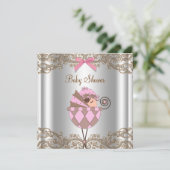 ピンクブラウンレースガールベビーシャワー 招待状 (スタンド正面)