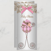 ピンクブラウンレースガールベビーシャワー 招待状 (正面/裏面)