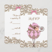 ピンクブラウンレースガールベビーシャワーRSVP 出欠カード (正面/裏面)