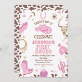 ピンクブラウン女性のカーボーイファースト・ロデオ1歳 招待状 (正面/裏面)