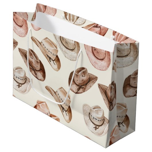 ピンクブラウン女性のカーボーイ南西ハッツ誕生日 ラージペーパーバッグ (正面アングル)