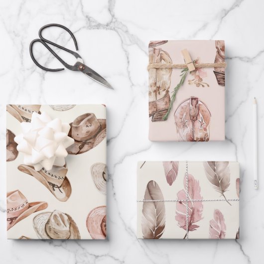 ピンクブラウン女性のカーボーイ南西ハットブーツ誕生日 ラッピングペーパーシート (正面)