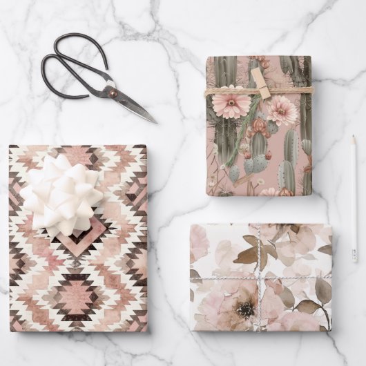 ピンクブラウン女性のカーボーイ南西フローラ誕生日 ラッピングペーパーシート (正面)