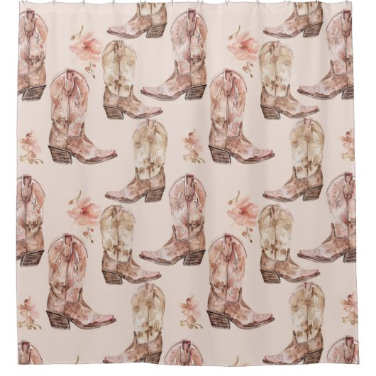 ピンクブラウン女性のカーボーイ南西ブーツフローラ シャワーカーテン (正面)