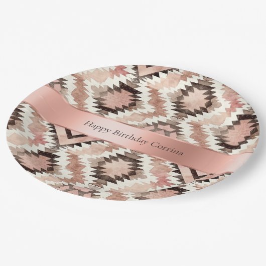 ピンクブラウン女性のカーボーイ南西部部族誕生日 ペーパープレート (アングル)