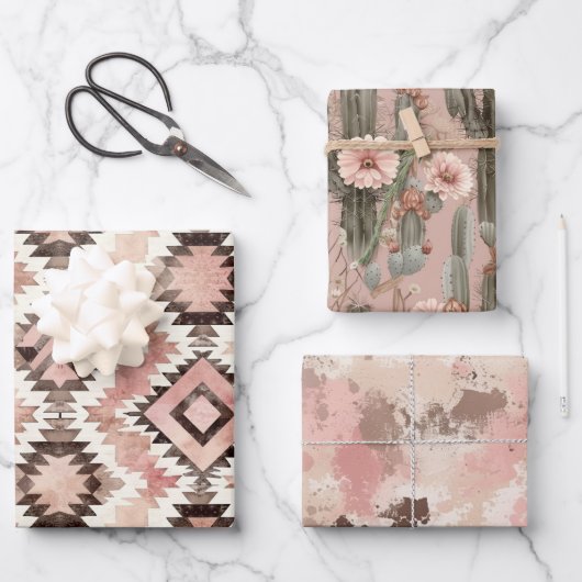 ピンクブラウン女性のカーボーイ南西部部族誕生日 ラッピングペーパーシート (正面)