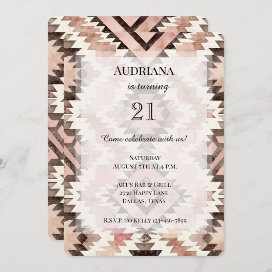 ピンクブラウン女性のカーボーイ南西部部族誕生日 招待状 (正面/裏面)