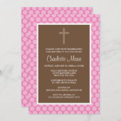 ピンクブラウン水玉模様クロスバプティスマ《キリスト教》洗礼式や命名式 招待状 (正面/裏面)