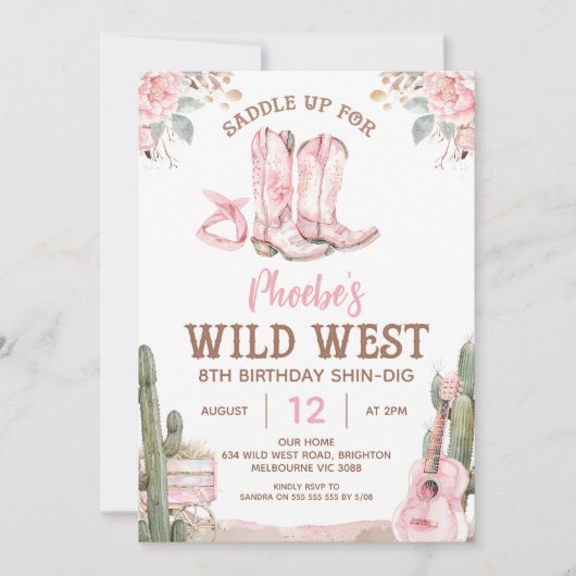 ピンクブラウン誕生日シンディグワイルドウエスト誕生日 招待状 (正面)