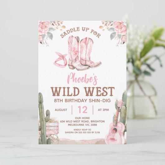 ピンクブラウン誕生日シンディグワイルドウエスト誕生日 招待状 (スタンド正面)