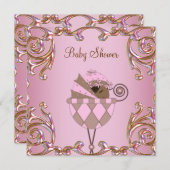 ピンクブラウン金ゴールドレース赤ちゃん女の子シャワー招待 招待状 (正面/裏面)
