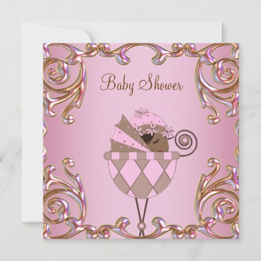 ピンクブラウン金ゴールドレース赤ちゃん女の子シャワー招待 招待状 (正面)