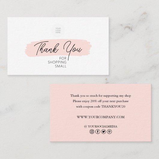 ピンクブラシストロークありがとうショッピング小 名刺 (正面/裏面)