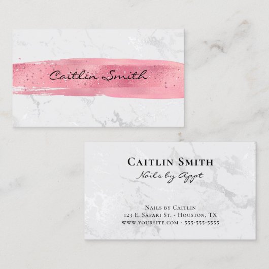 ピンクブラシストロークシルバーホワイトフォイル大理石 名刺 (正面/裏面)