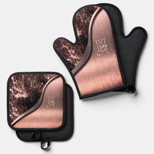 ピンクブラシ仕上げメタルおよびメタリックモノグラムのストーン 鍋つかみ&鍋敷きセット (正面/裏面)