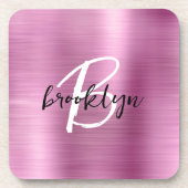 ピンクブラシ仕上げメタル白黒スクリプトモノグラム コースター (正面)