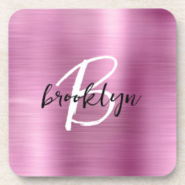 ピンクブラシ仕上げメタル白黒スクリプトモノグラム コースター