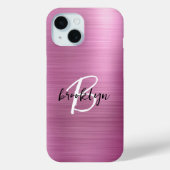 ピンクブラシ仕上げメタル白黒スクリプトモノグラム Case-Mate iPhoneケース (裏面)