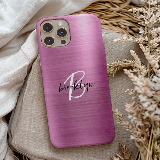 ピンクブラシ仕上げメタル白黒スクリプトモノグラム Case-Mate iPhoneケース