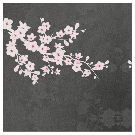 ピンクブラックさくらんぼの花模様の布 ファブリック (クローズアップ)