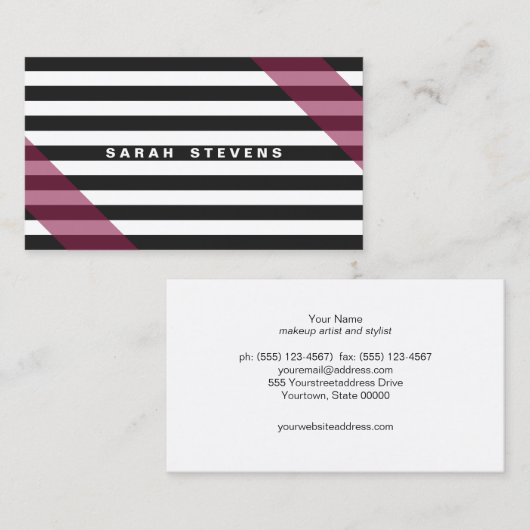 ピンクブラックとホワイトのストライプのモダンサロンとスパ 名刺 (正面/裏面)