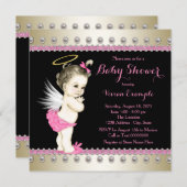 ピンクブラックと金ゴールドエンジェルベビーシャワー 招待状 (正面/裏面)