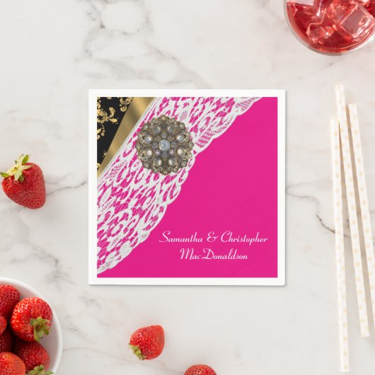 ピンクブラックと金ゴールドホワイトレ結婚ース スタンダードカクテルナプキン (インサイチュ)