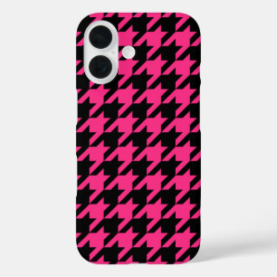 ピンクブラックのハウンドトゥース格子柄 iPhone 16ケース