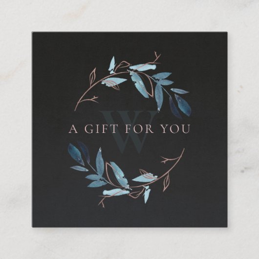 ピンクブラックの茎葉イニシャルリースギフト券 スクエア名刺 (正面)