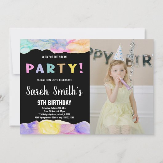 ピンクブラックアート絵を描パーティー誕生日と写真 招待状 (正面)