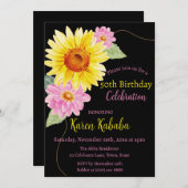 ピンクブラックイエローサンフラワーデイジーフローラ誕生日 招待状 (正面/裏面)
