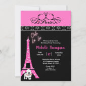 ピンクブラックエッフェルタワーパリフランス誕生日 招待状 (正面)