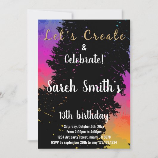 ピンクブラックカラー絵を描誕生日招待状 招待状 (正面)