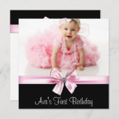 ピンクブラックガールズフォトファースト誕生日パーティー 招待状 (正面/裏面)