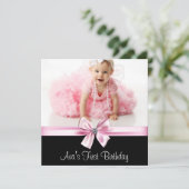 ピンクブラックガールズフォトファースト誕生日パーティー 招待状 (スタンド正面)