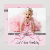 ピンクブラックガールズフォトファースト誕生日パーティー 招待状 (正面/裏面)